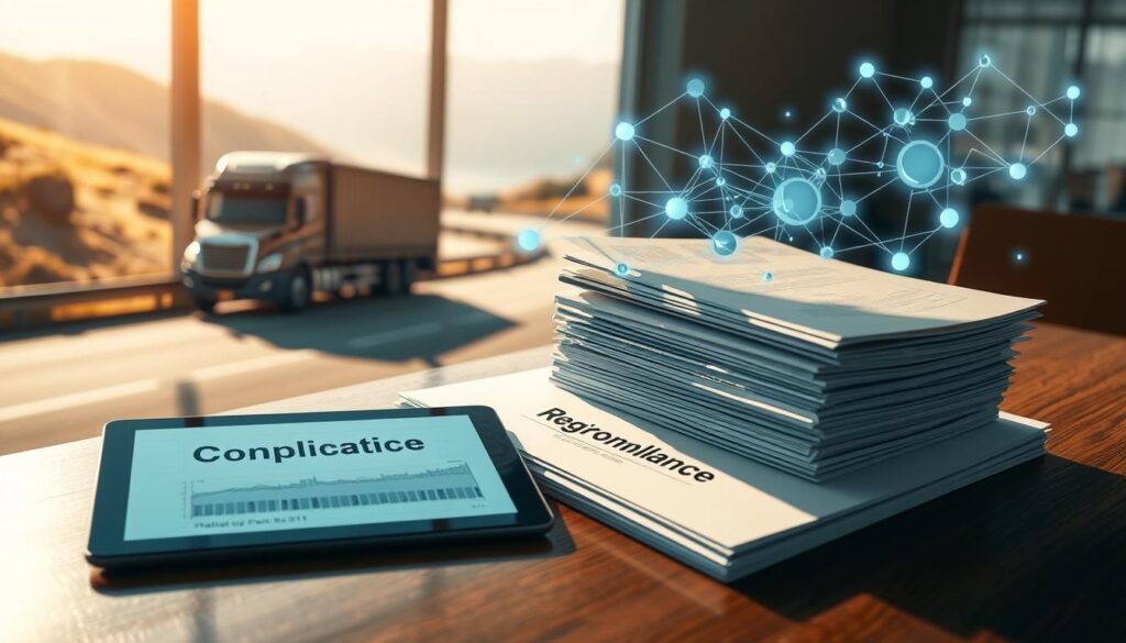 Compliance officer reviewing blockchain-based documentation for FMCSA regulatory requirements