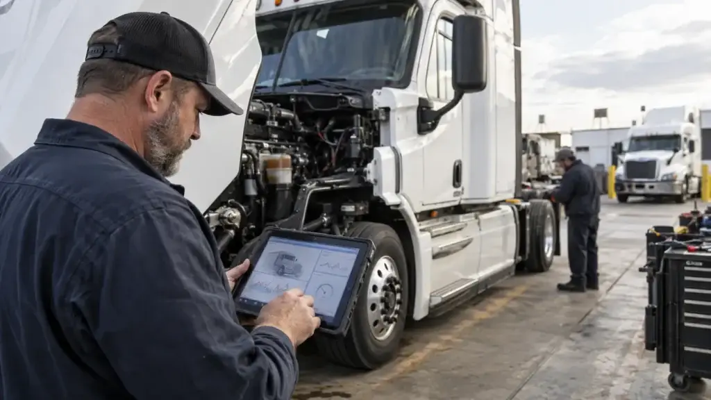 Fleet technician using remote diesel diagnostics and telematics to monitor a heavy-duty truck for developing engine faults.