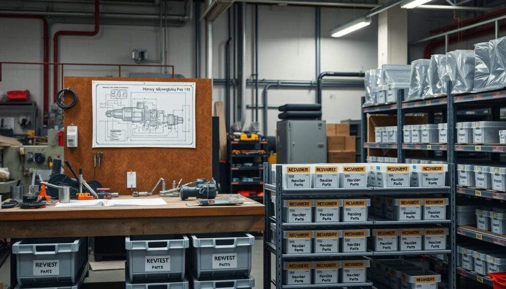 Reorder point calculation diagram for heavy duty parts inventory showing average usage, lead time, and safety stock