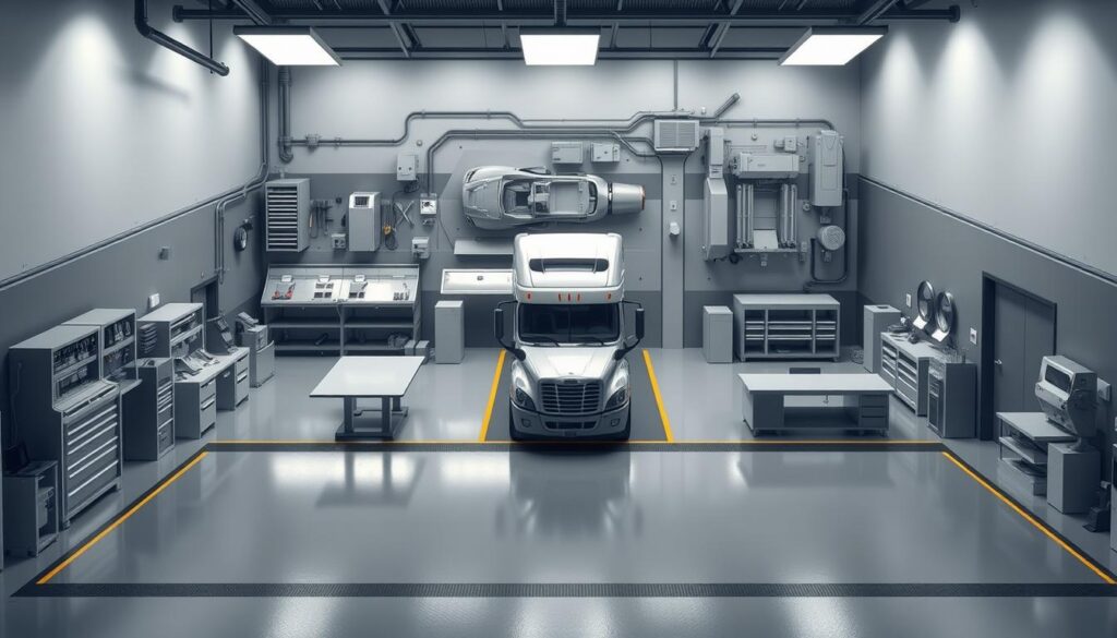 Optimized repair bay layout with strategic equipment zones