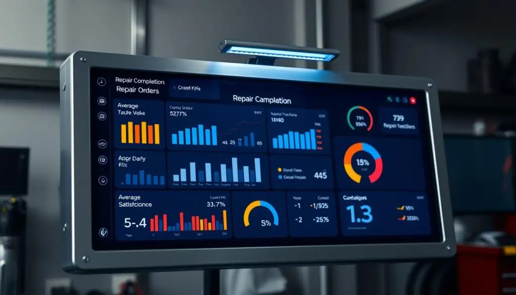 Digital dashboard displaying diesel mechanic repair completion metrics and KPIs