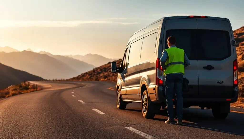 Commercial truck properly positioned on highway shoulder with warning triangles deployed at correct distances