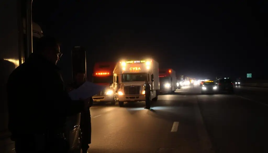 CVSA Level I roadside inspection showing enforcement officer examining commercial vehicle