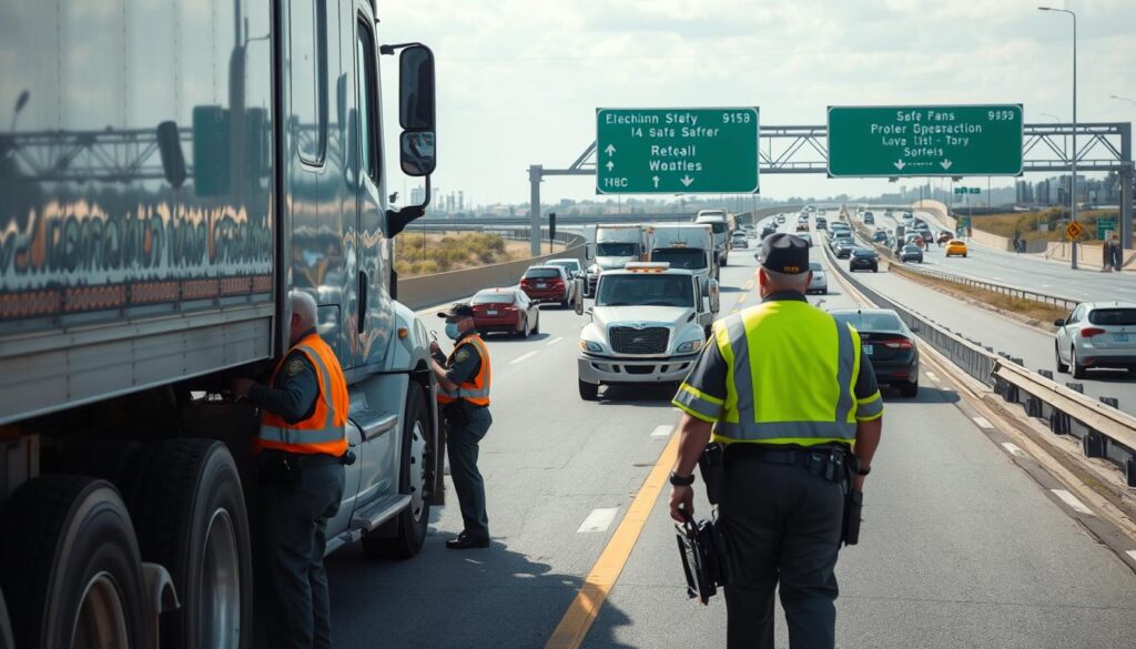 FMCSA roadside inspection officer conducting commercial vehicle safety check with electronic tablet
