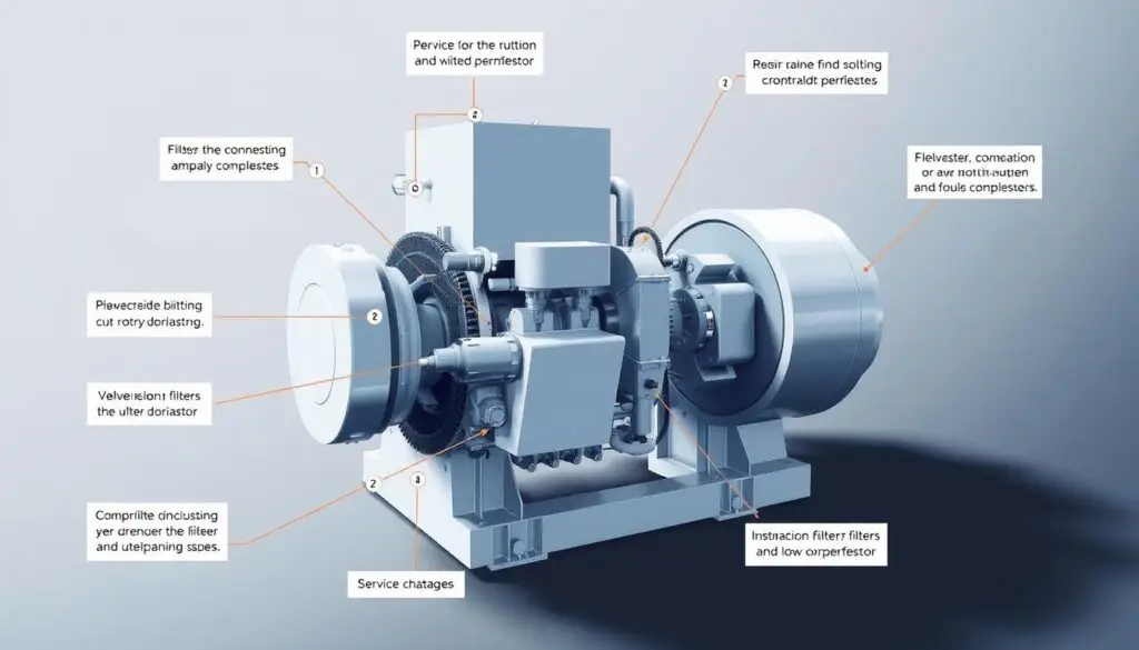 Rotary screw air compressor with oil separator and cooling system components