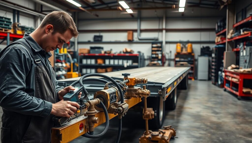 Technician checking hydraulic fluid level and inspecting hoses during routine maintenance