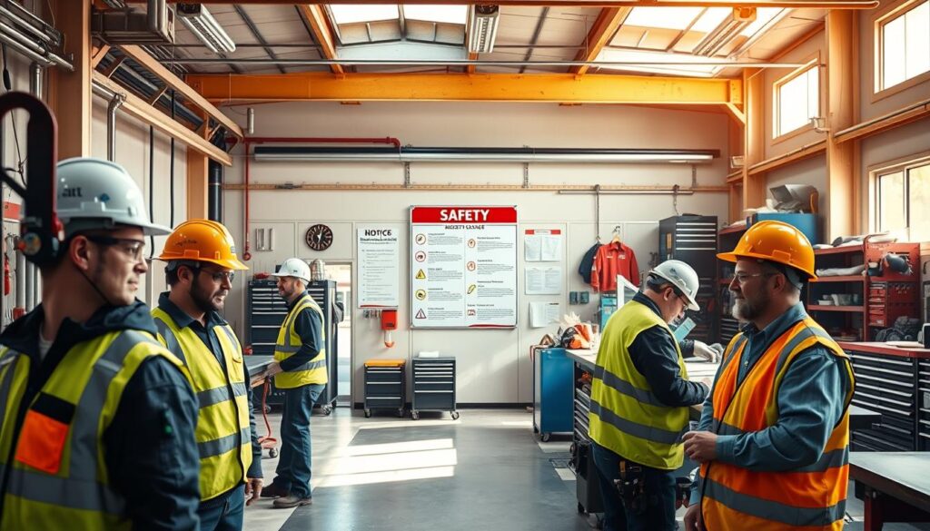Diesel shop safety meeting demonstrating strong workplace safety culture and compliance