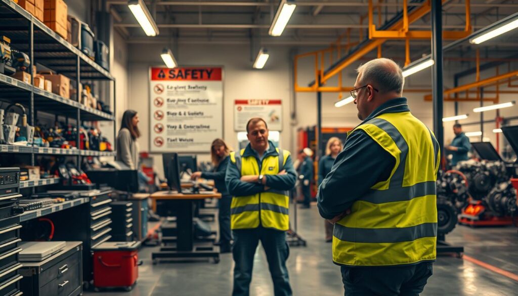 Diesel shop manager demonstrating safety leadership by participating in technician training and wearing proper PPE