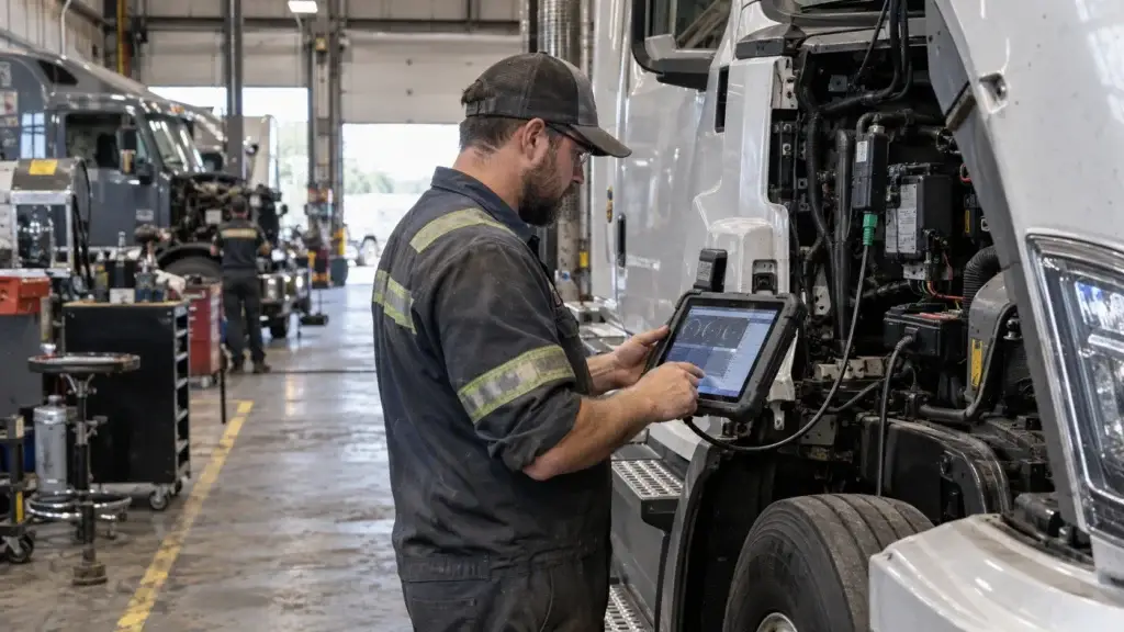 Diesel technician using a rugged diagnostic tablet on a modern Class 8 truck in a heavy-duty repair shop, illustrating scan tool software updates and truck diagnostics.