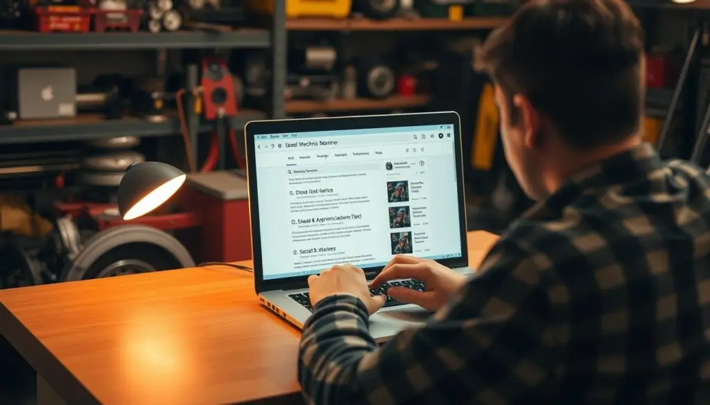 Job seeker researching diesel apprenticeship programs using online databases