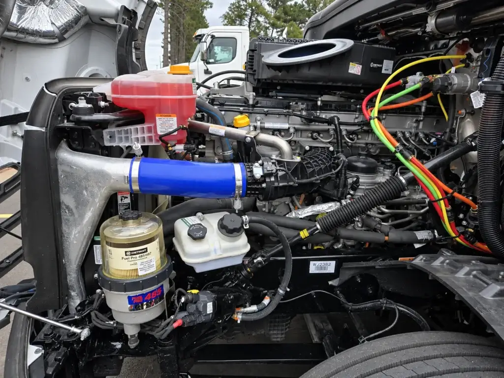 Side view of a heavy-duty semi-truck diesel engine compartment showing the fuel filtration system, coolant reservoir, intake piping, hoses, wiring, and engine components.