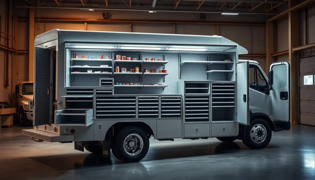 Interior view of organized service body compartments with tool storage
