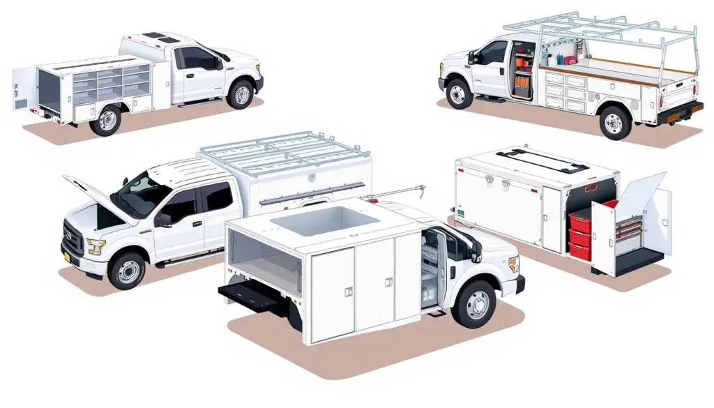 Split view comparing open utility body with external compartments versus fully enclosed service body with rear cargo doors