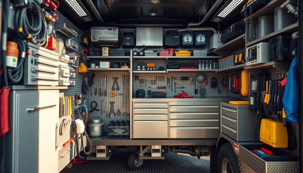 Side compartments of a service truck showing organized drawer units, adjustable shelving, and lockable storage for tools and diagnostic equipment
