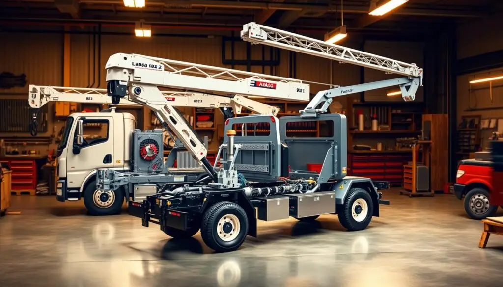 Hydraulic service crane extended over truck bed demonstrating boom reach and lifting position for engine removal
