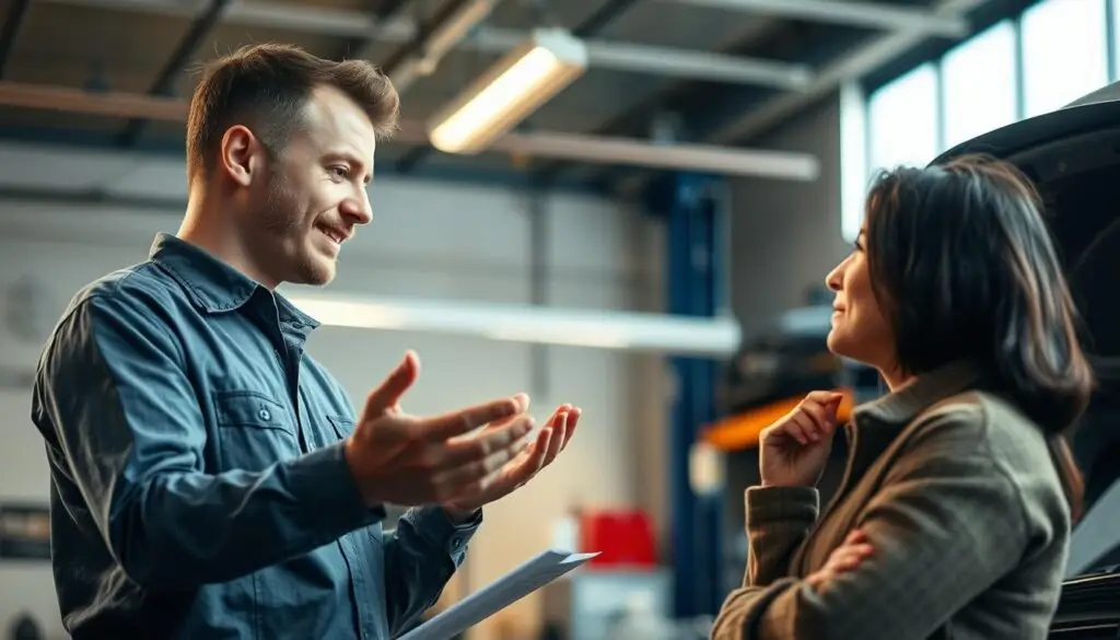 Heavy-duty service writer demonstrating communication skills explaining diesel repair to fleet manager