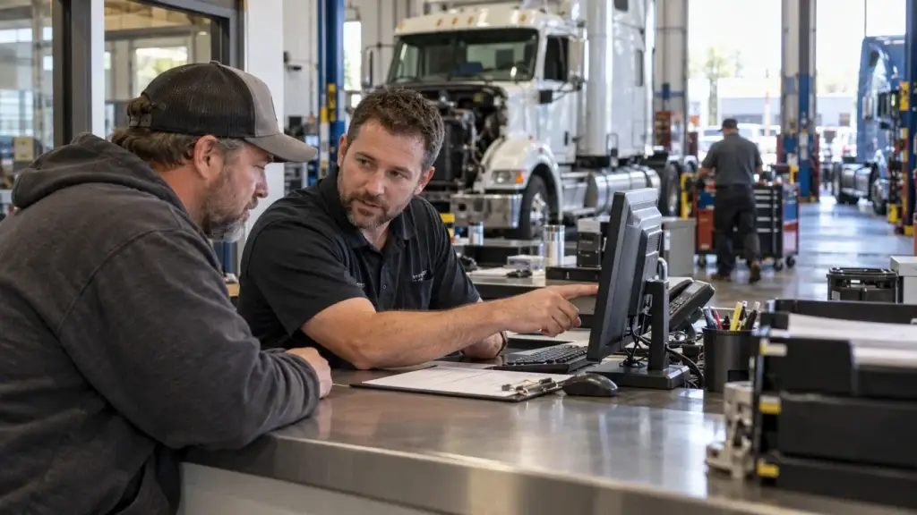 Heavy-duty truck repair shop service writer reviewing a repair order with a fleet customer at the service counter while technicians work on commercial trucks in the background.