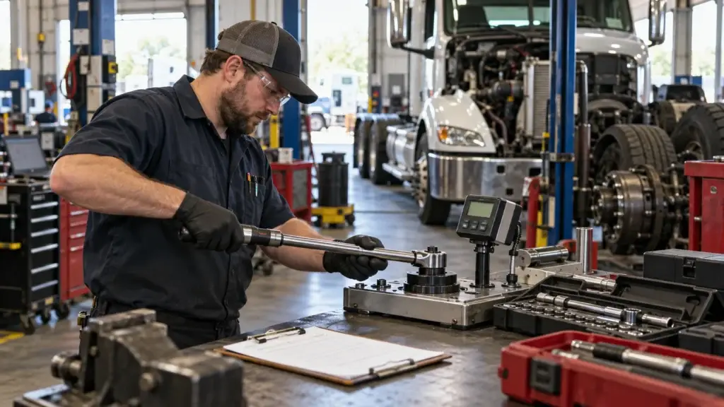 Heavy-duty fleet maintenance technician calibrating a torque wrench on a digital test bench inside a commercial truck repair shop.