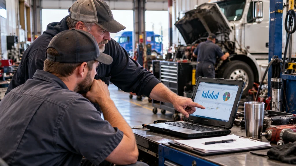 Heavy-duty repair shop manager reviewing technician productivity and labor efficiency data with a diesel mechanic while a Class 8 truck is serviced in the background.