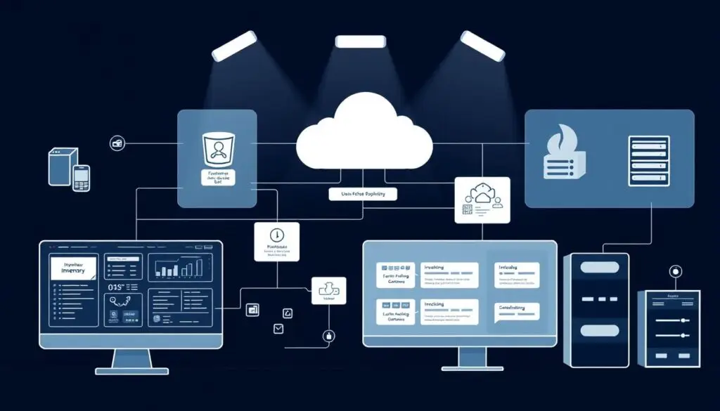 Diagram showing shop management software integration architecture connecting labor guides to accounting and inventory systems