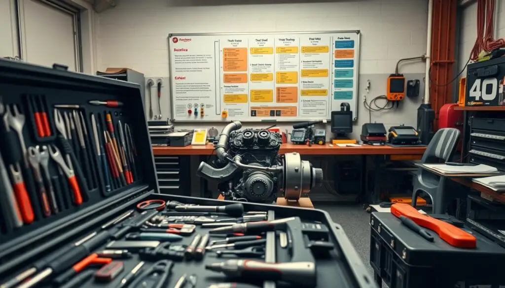 Organized heavy duty repair shop with streamlined workflow and tool stations for efficiency