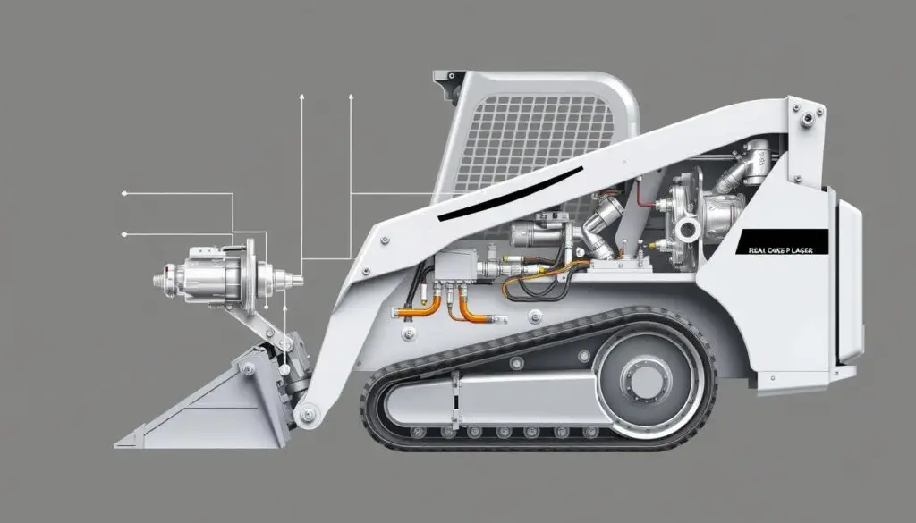 Complete skid steer hydraulic system showing pump, valves, cylinders, and fluid reservoir layout