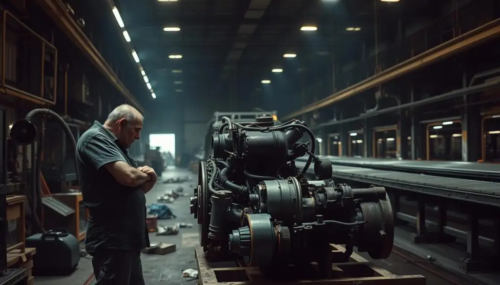 Skilled technicians assembling heavy duty truck components on manufacturing line