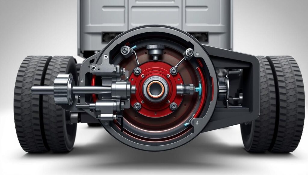 Diagram showing slack adjuster connecting brake chamber pushrod to S-cam in air brake system