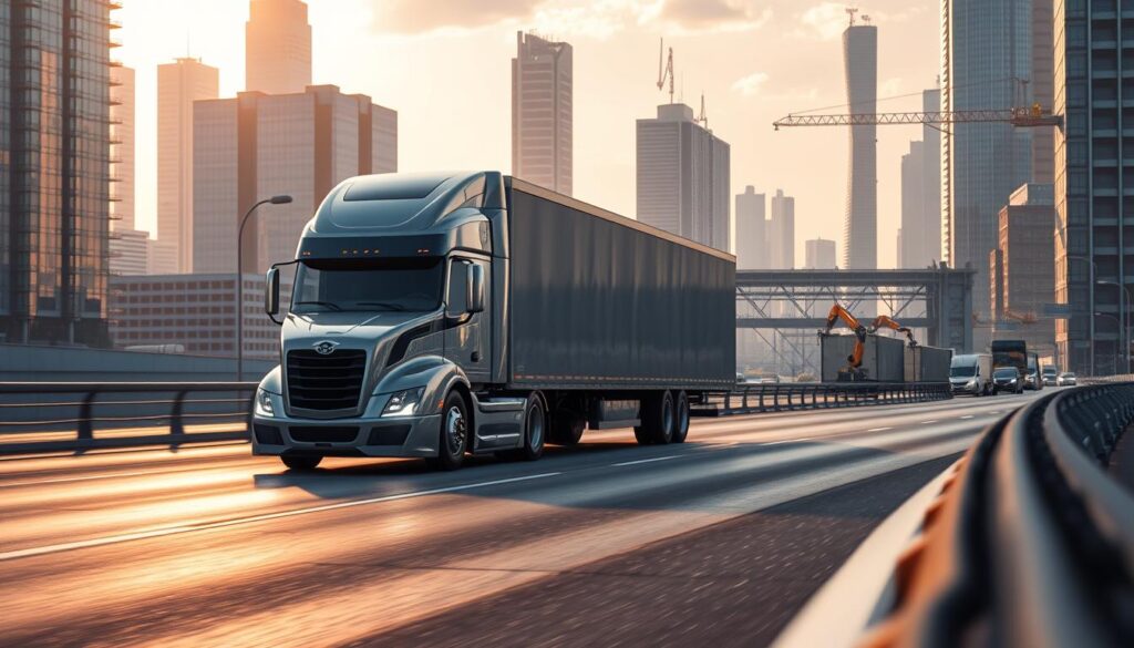 Electric autonomous truck connecting to automated charging station at distribution center
