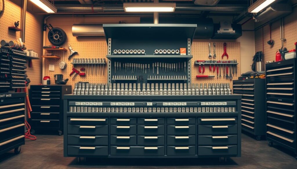Comprehensive socket management system implementation showing drawer organizers and wall storage