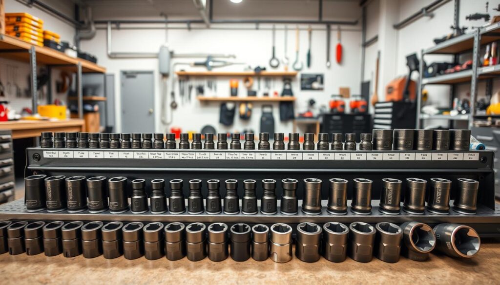 Socket rail systems mounted on shop wall showing organized impact sockets by drive size