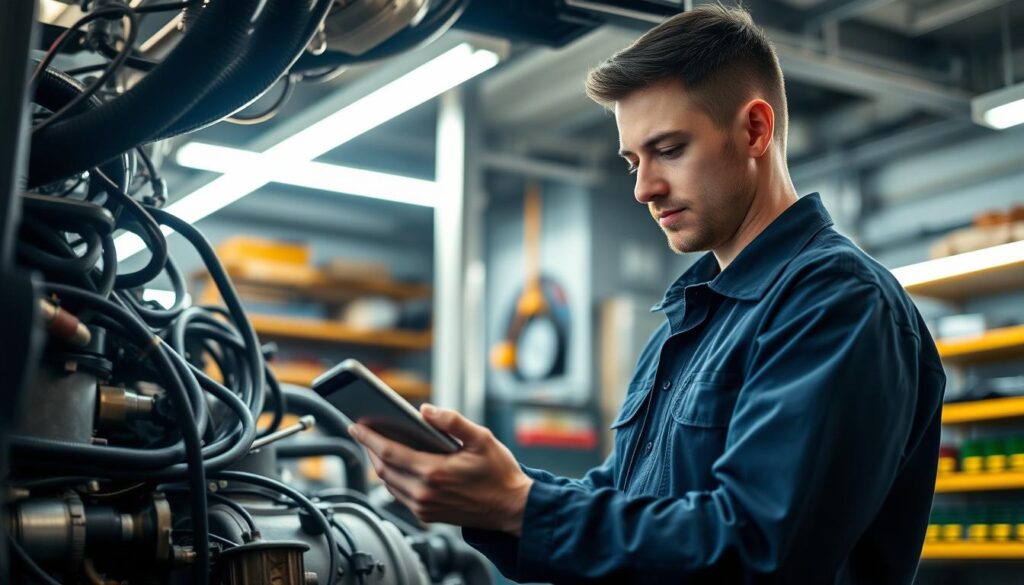 Specialized diesel mechanic performing diagnostic analysis with manufacturer-specific software