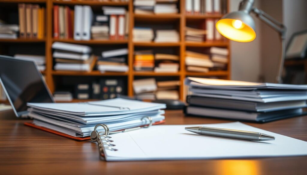 Stack of standard operating procedure manuals and documentation folders for diesel repair facility