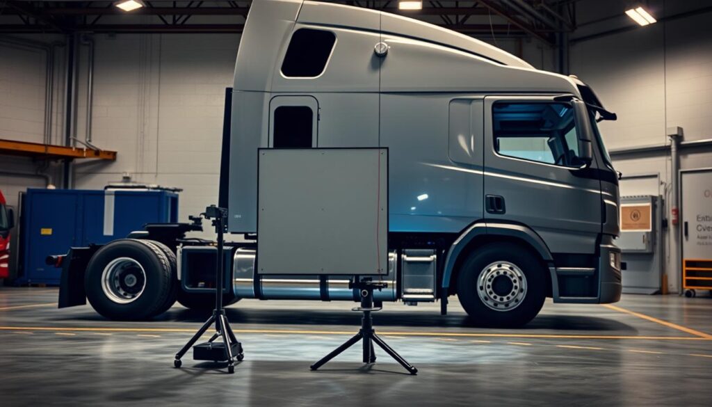 Static ADAS calibration setup with targets positioned in front of commercial truck