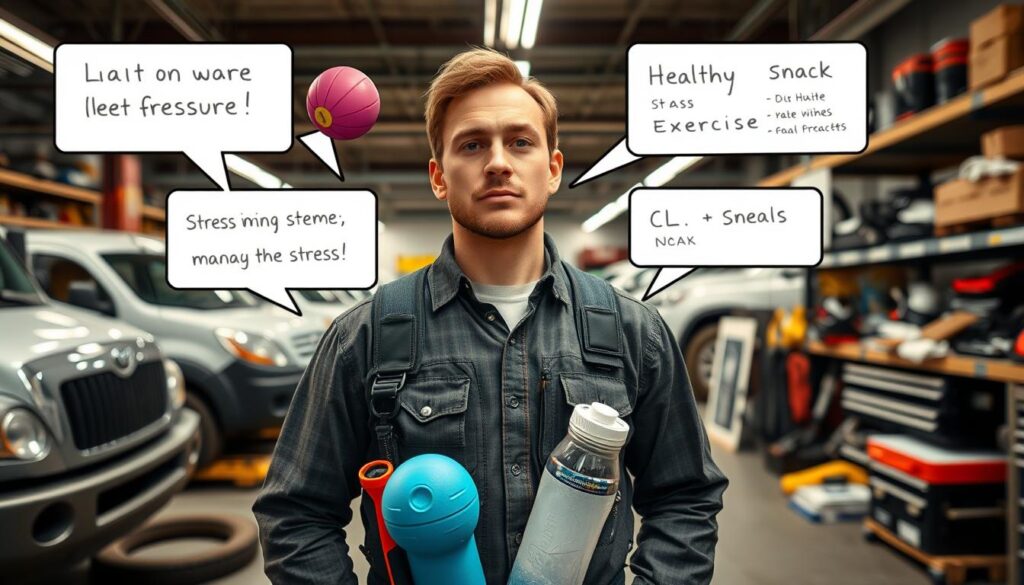 Fleet technician using stress management techniques including deep breathing and prioritization methods