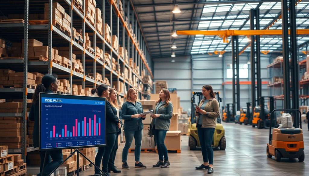 Diesel parts distribution warehouse with organized supply chain logistics