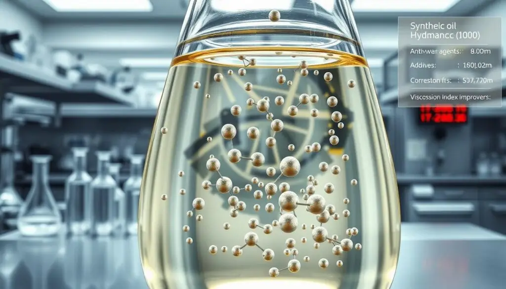 Cross-section diagram showing synthetic versus mineral hydraulic fluid molecular composition