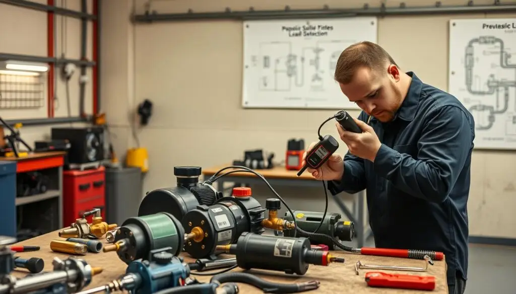 Technician performing systematic air brake inspection following detection procedure