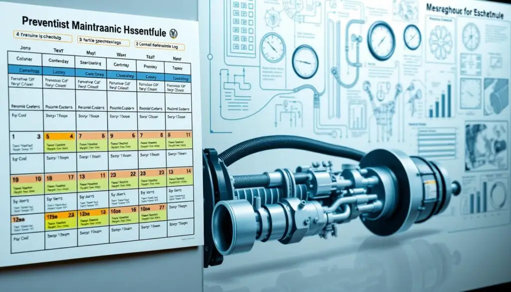 Technician examining hydraulic hoses during scheduled maintenance inspection
