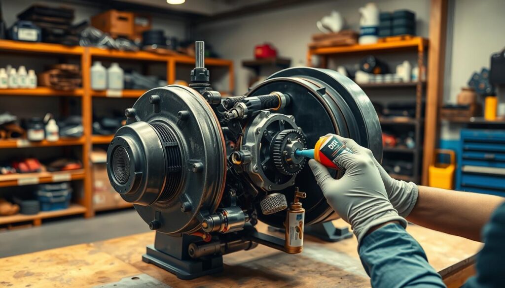 Technician performing tarp motor lubrication and gearbox maintenance on grain trailer