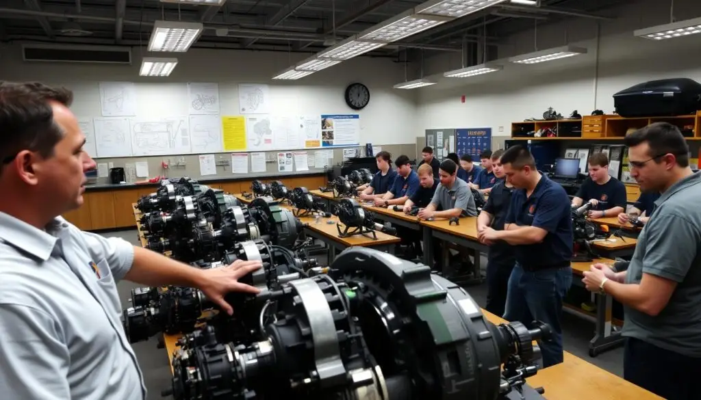 Technical training facility with diesel mechanics working on engines in educational partnership program