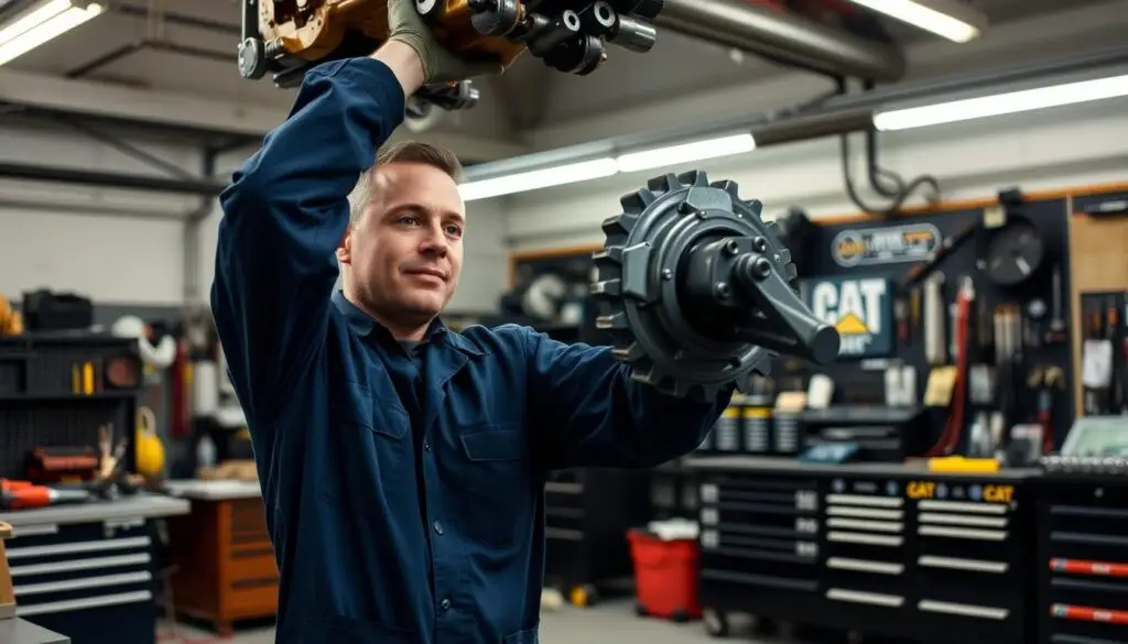 Technician demonstrating physical capabilities required for heavy equipment maintenance work