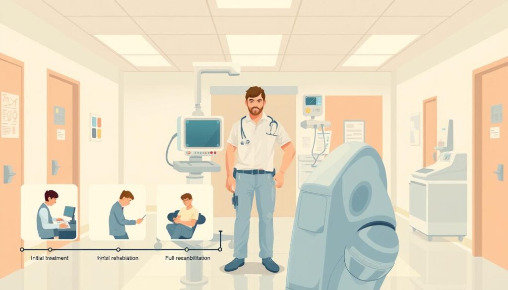 Timeline diagram showing acute, rehabilitation, and transitional recovery phases