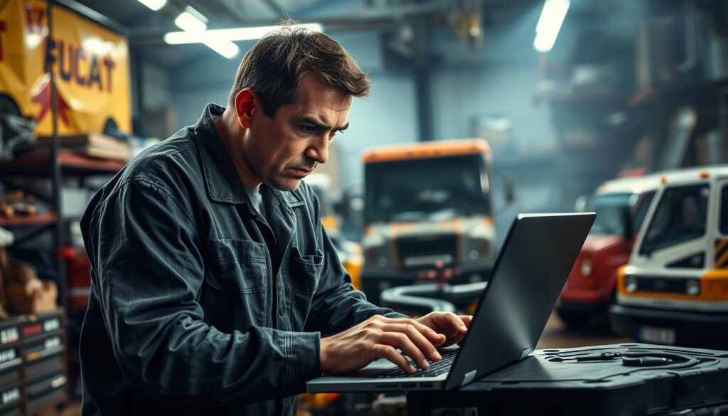 Fleet maintenance technician reviewing repair orders while managing deadline pressure in commercial vehicle shop