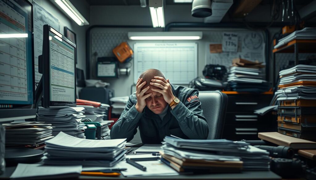 Fatigued diesel technician showing signs of workplace stress impact on mental and physical health