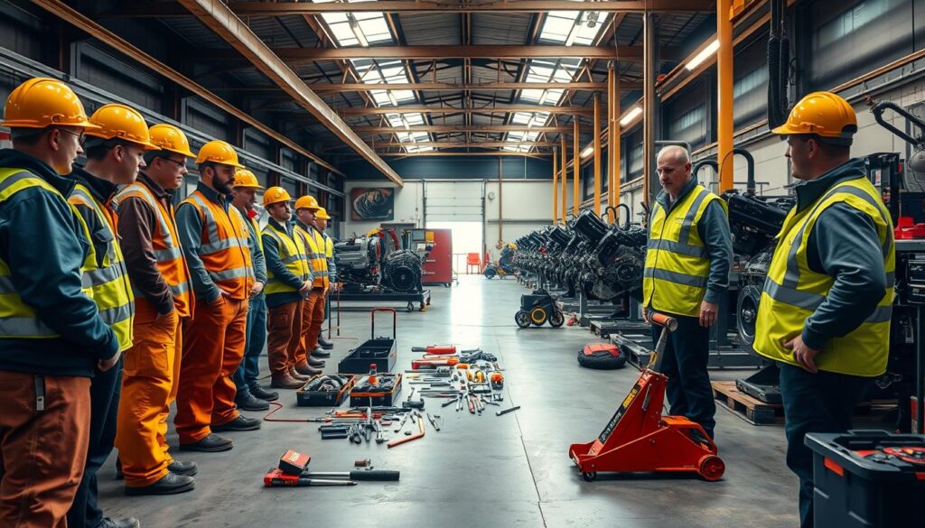 Diesel technicians participating in comprehensive safety training program with hands-on equipment demonstration