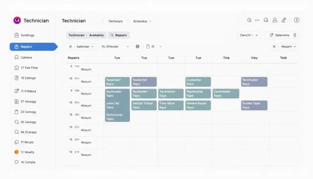 Digital technician scheduling calendar with color-coded job assignments