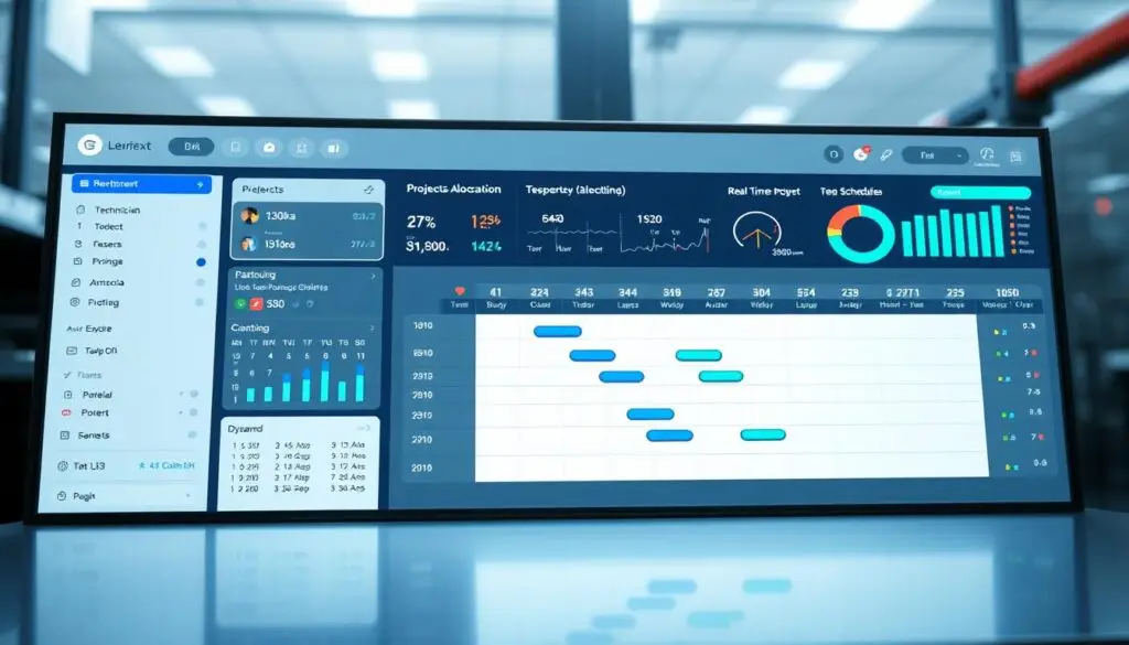 Digital dispatch board showing technician scheduling software for heavy-duty fleet service operations