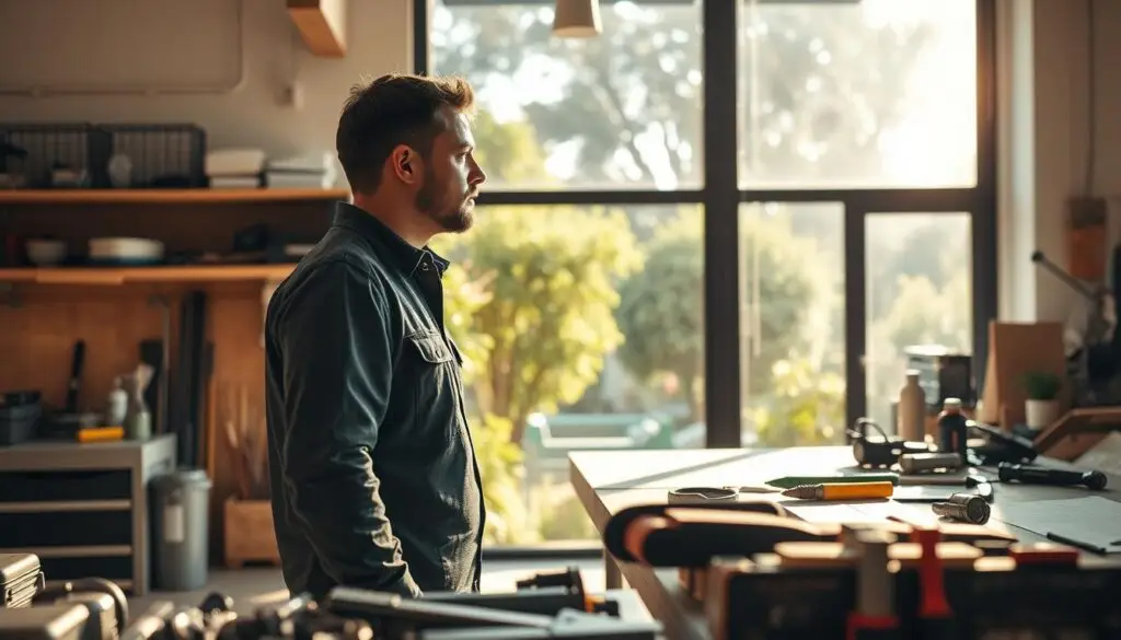 Diesel technician reviewing schedule and planning work-life balance priorities at desk