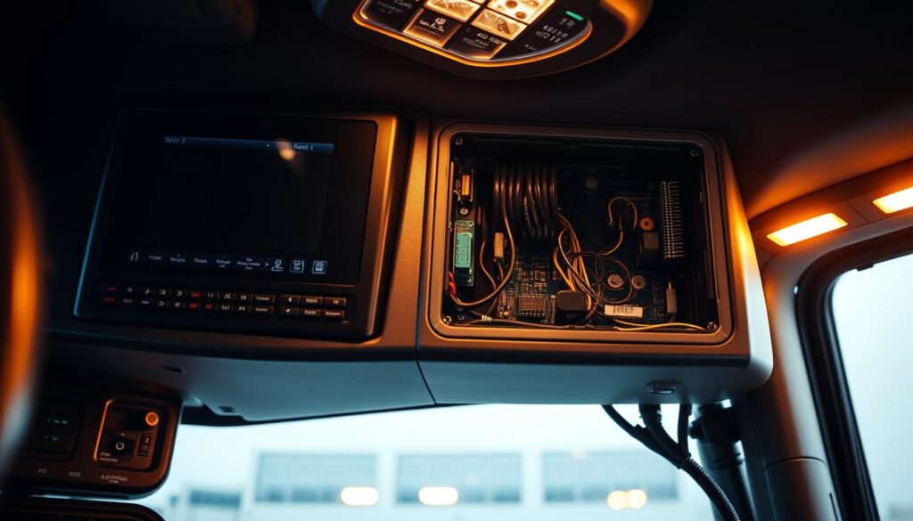 Telematics control unit installed in commercial truck showing wiring connections and mounting location